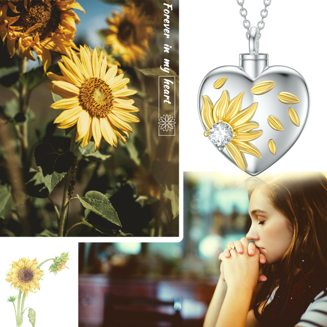 Sterling Silver Two-tone Cubic Zirconia Sunflower & Heart Urn Necklace for Ashes with Engraved Word-2
