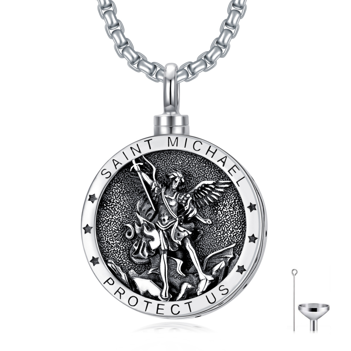 Sterling Silver Saint Michael Urn Necklace for Ashes with Engraved Word for Men-1