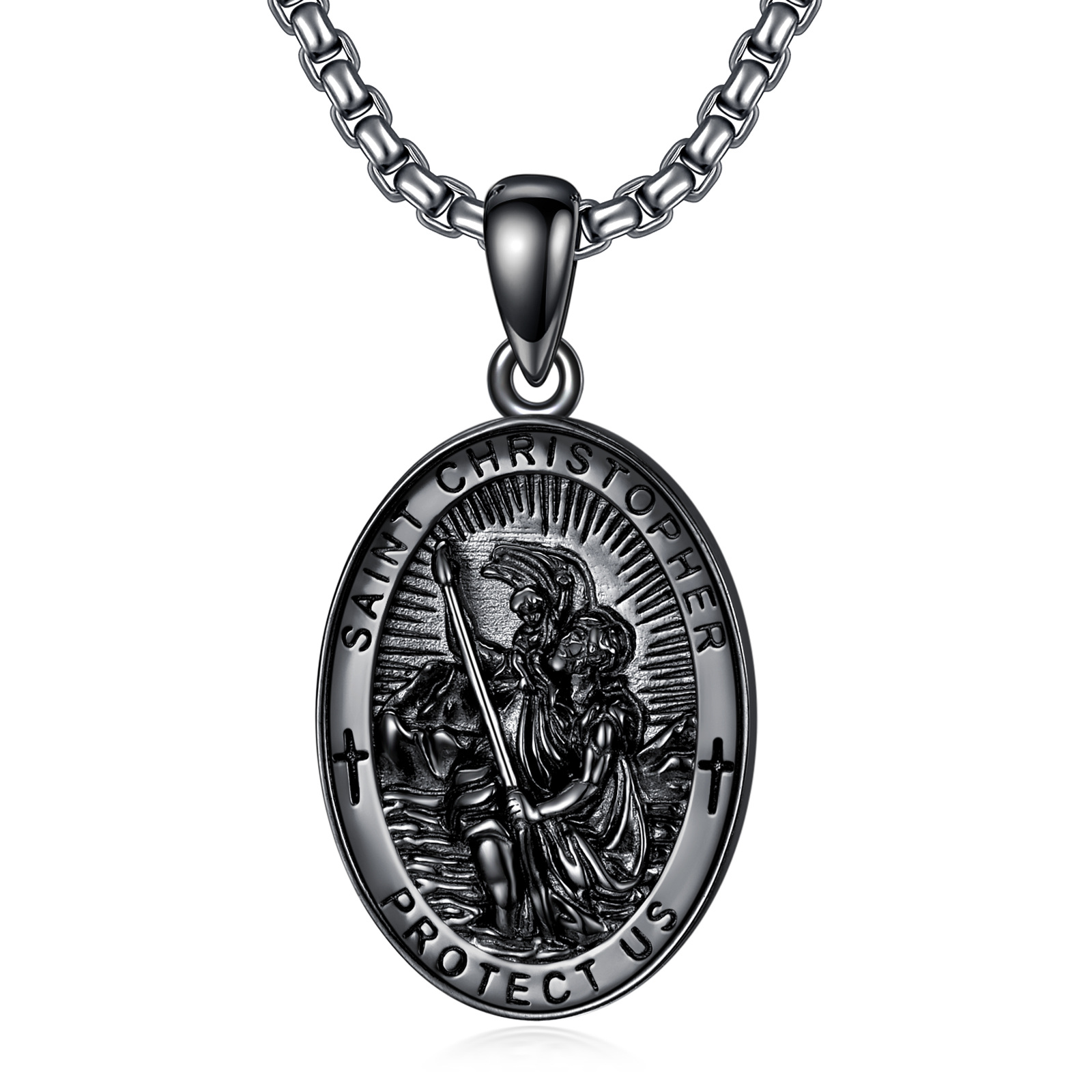1913 Men's Oxidized Stainless Steel Saint Christopher Pendant Necklace