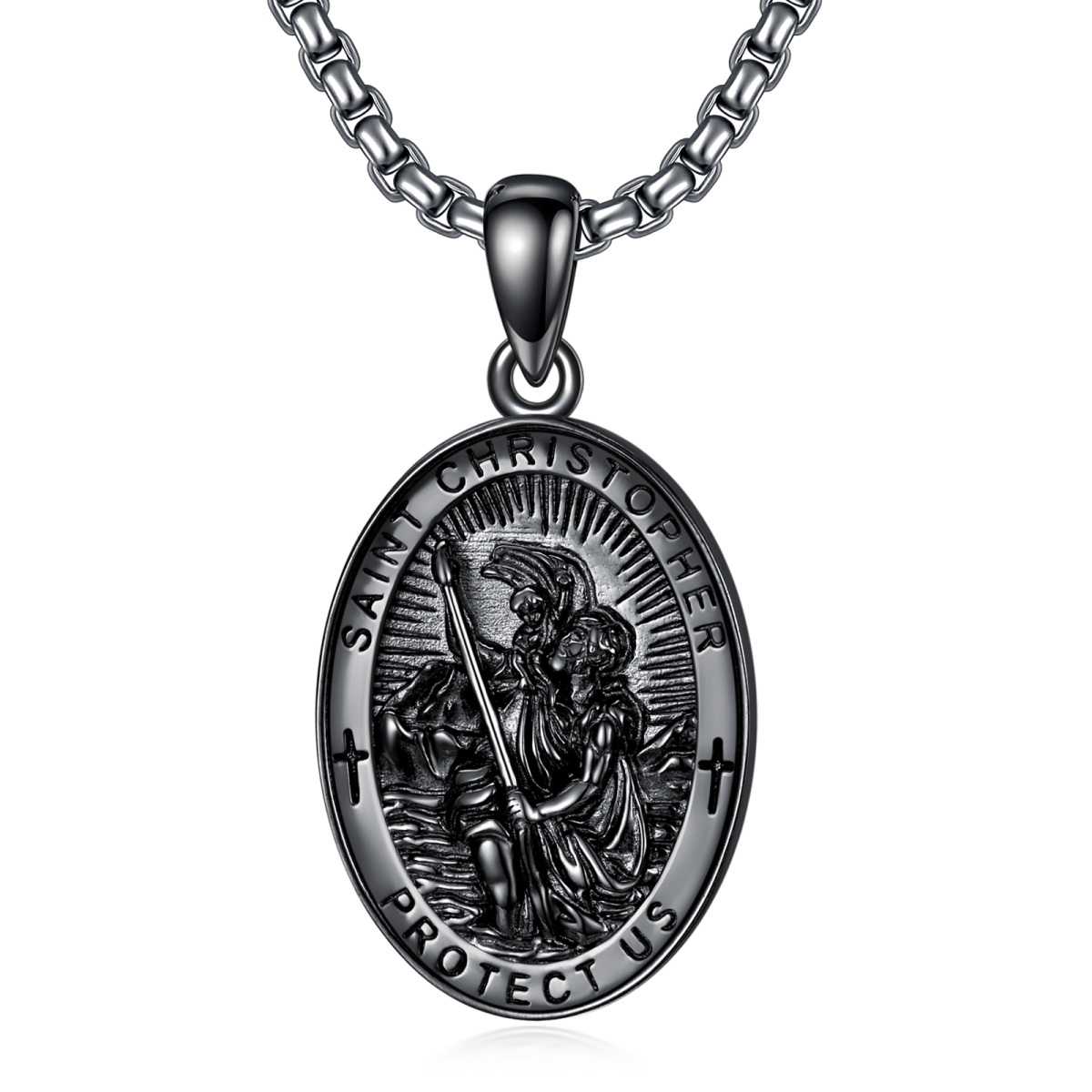 Sterling Silver with Black Rhodium Color Saint Christopher Pendant Necklace with Engraved Word for Men-1
