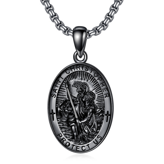 Collana con ciondolo San Cristoforo in argento sterling e rodio nero con parola incisa per uomo