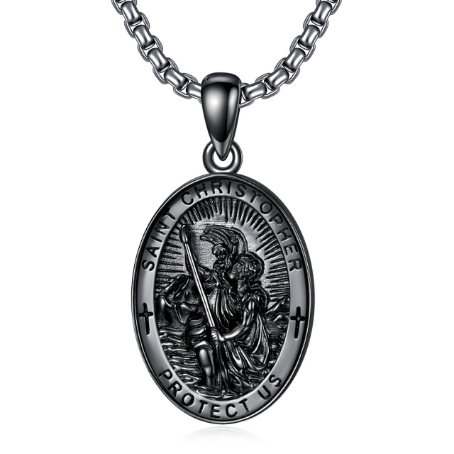 Sterling Silver with Black Rhodium Color Saint Christopher Pendant Necklace with Engraved Word for Men-0