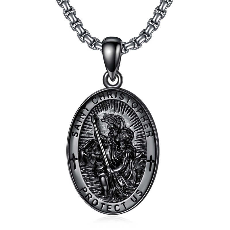 Sterling Silver with Black Rhodium Color Saint Christopher Pendant Necklace with Engraved Word for Men