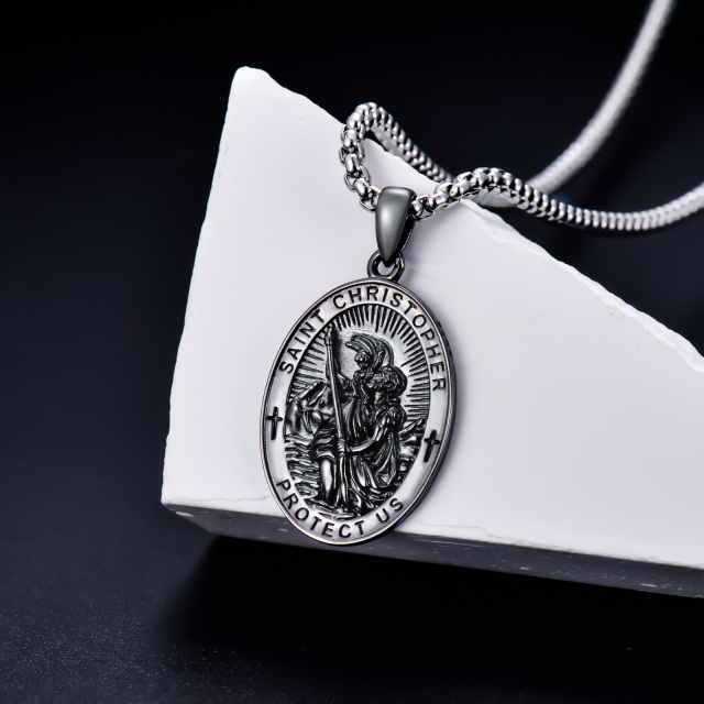 Sterling Silver with Black Rhodium Color Saint Christopher Pendant Necklace with Engraved Word for Men-2