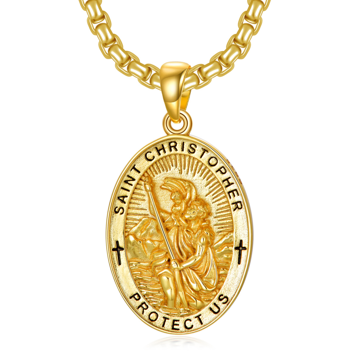 Sterling Silver with Yellow Gold Plated Saint Christopher Pendant Necklace with Engraved Word for Men-1