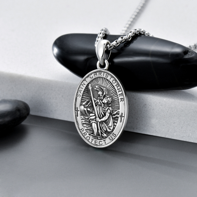 Sterling Silver Saint Christopher with Sword Pendant Necklace with Engraved Word for Men-2