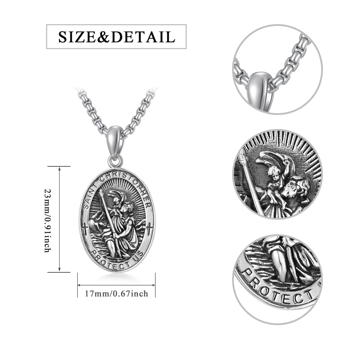 Sterling Silver Saint Christopher with Sword Pendant Necklace with Engraved Word for Men-5
