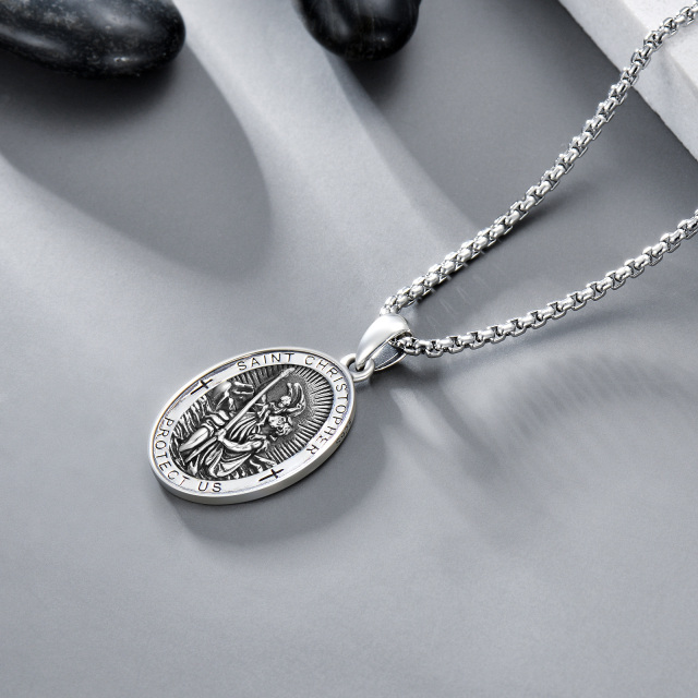 Sterling Silver Saint Christopher with Sword Pendant Necklace with Engraved Word for Men-3