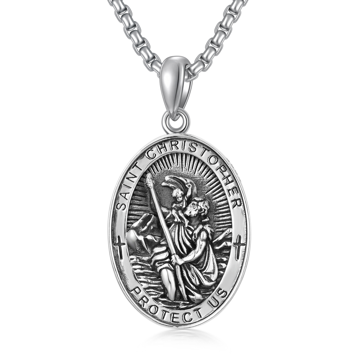 Collar colgante de plata de ley San Cristóbal con espada y palabra grabada para hombre-1