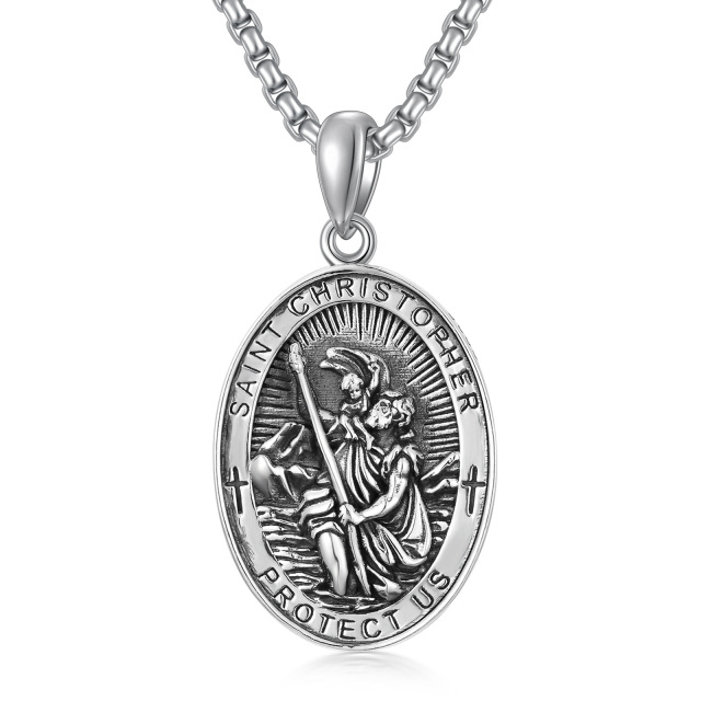 Sterling Silver Saint Christopher with Sword Pendant Necklace with Engraved Word for Men-0