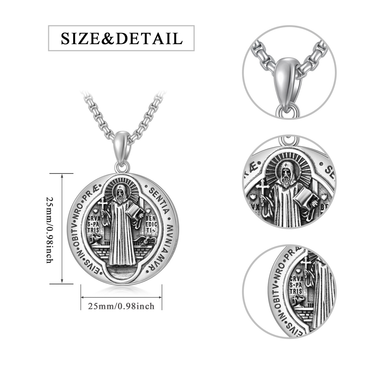 Sterling Silver Round Saint Benedict Pendant Necklace for Men-7