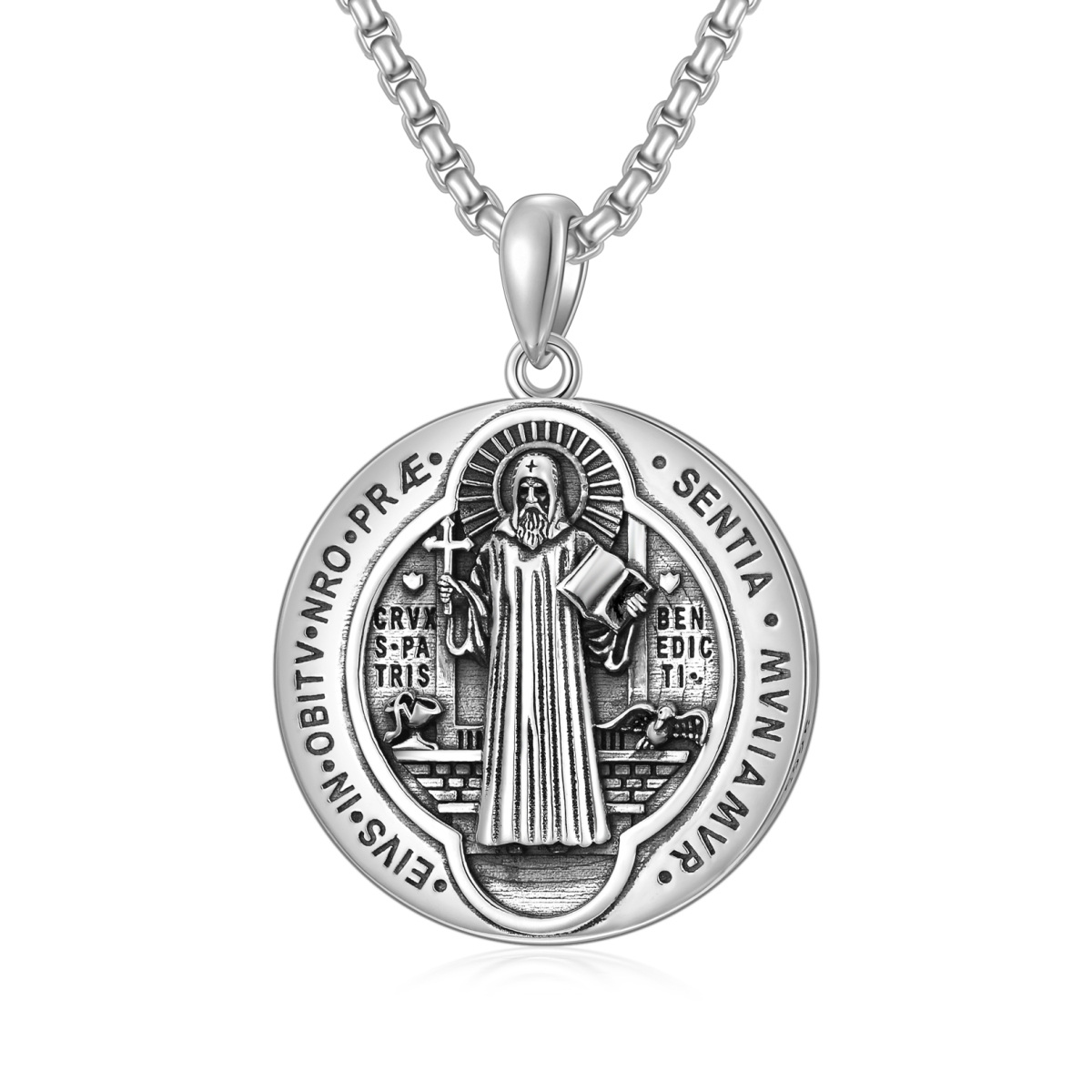 Sterling Silver Round Saint Benedict Pendant Necklace for Men-1