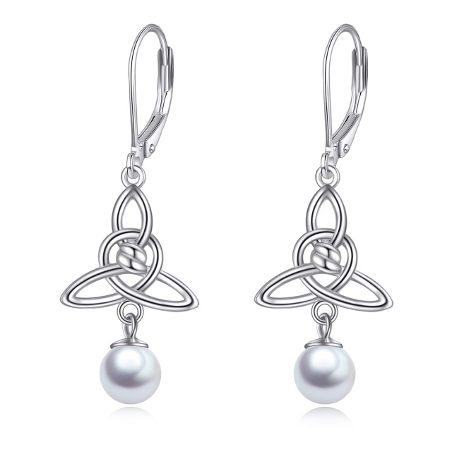 Celtic Knot Earrings Sterling Silver Shell Pearl Triangle Knot Leverback Drop Earrings Jewelry Birthday Gifts for Women-0