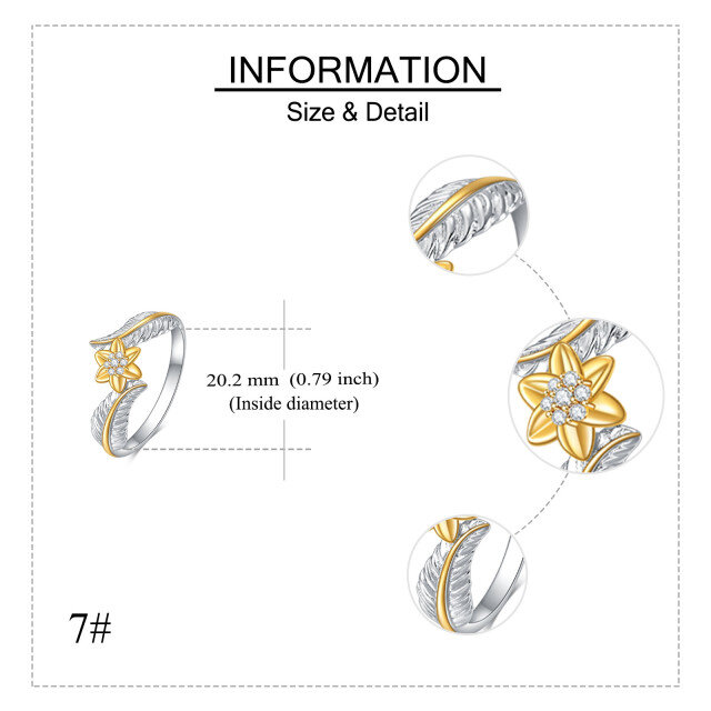 Sterling Silver Circular Shaped Cubic Zirconia Sunflower & Feather Open Ring-4