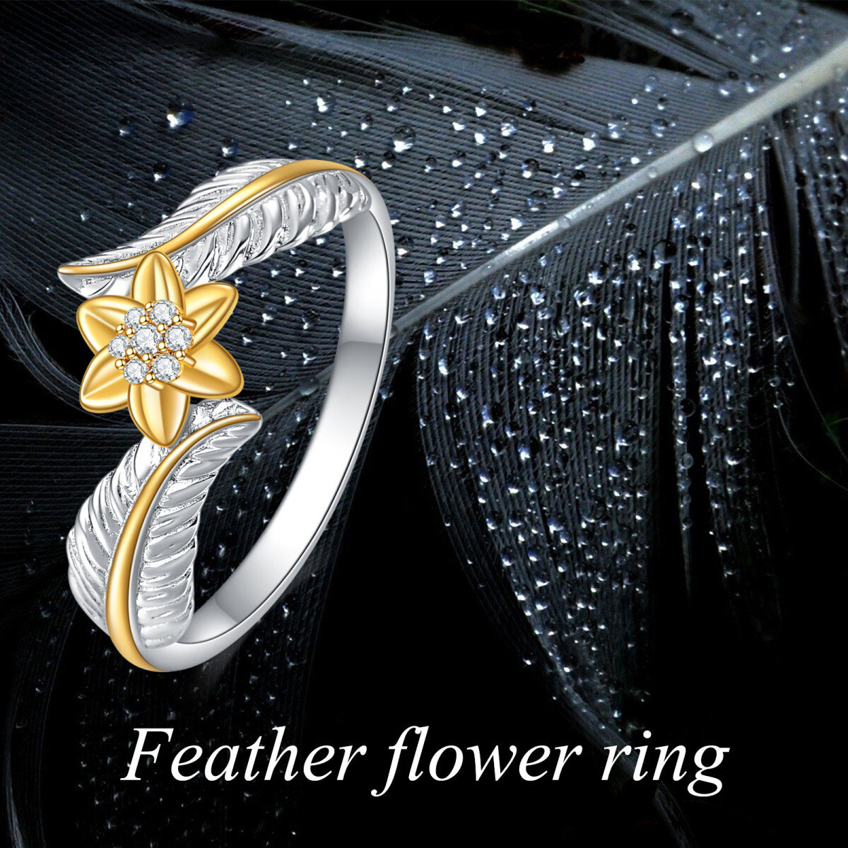 Sterling Silver Circular Shaped Cubic Zirconia Sunflower & Feather Open Ring-6