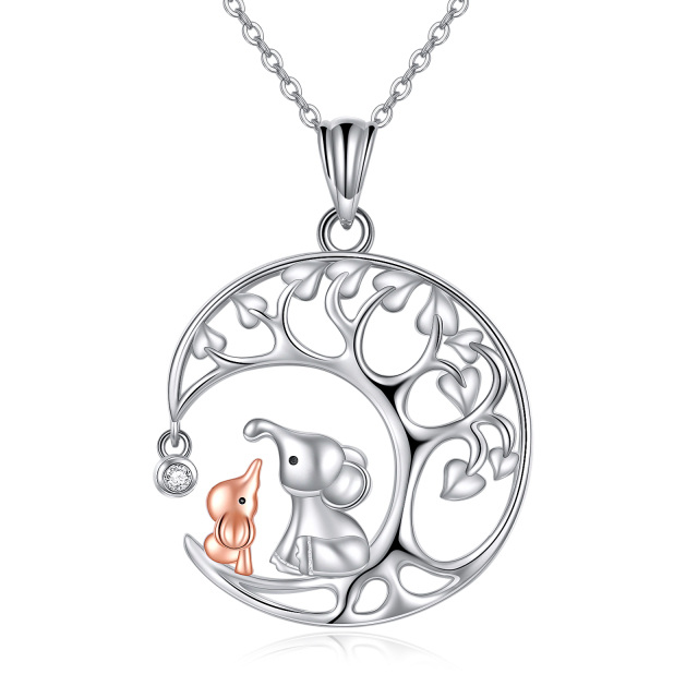 Sterling Silver Two-tone Zircon Elephant & Tree Of Life Pendant Necklace-1