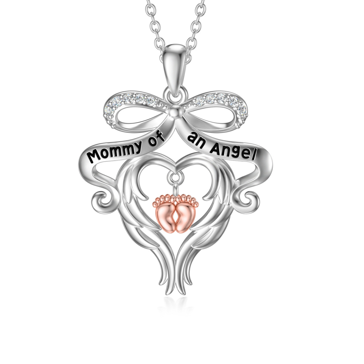 Sterling Silver Circular Shaped Cubic Zirconia Bow & Footprints & Heart Pendant Necklace with Engraved Word-1