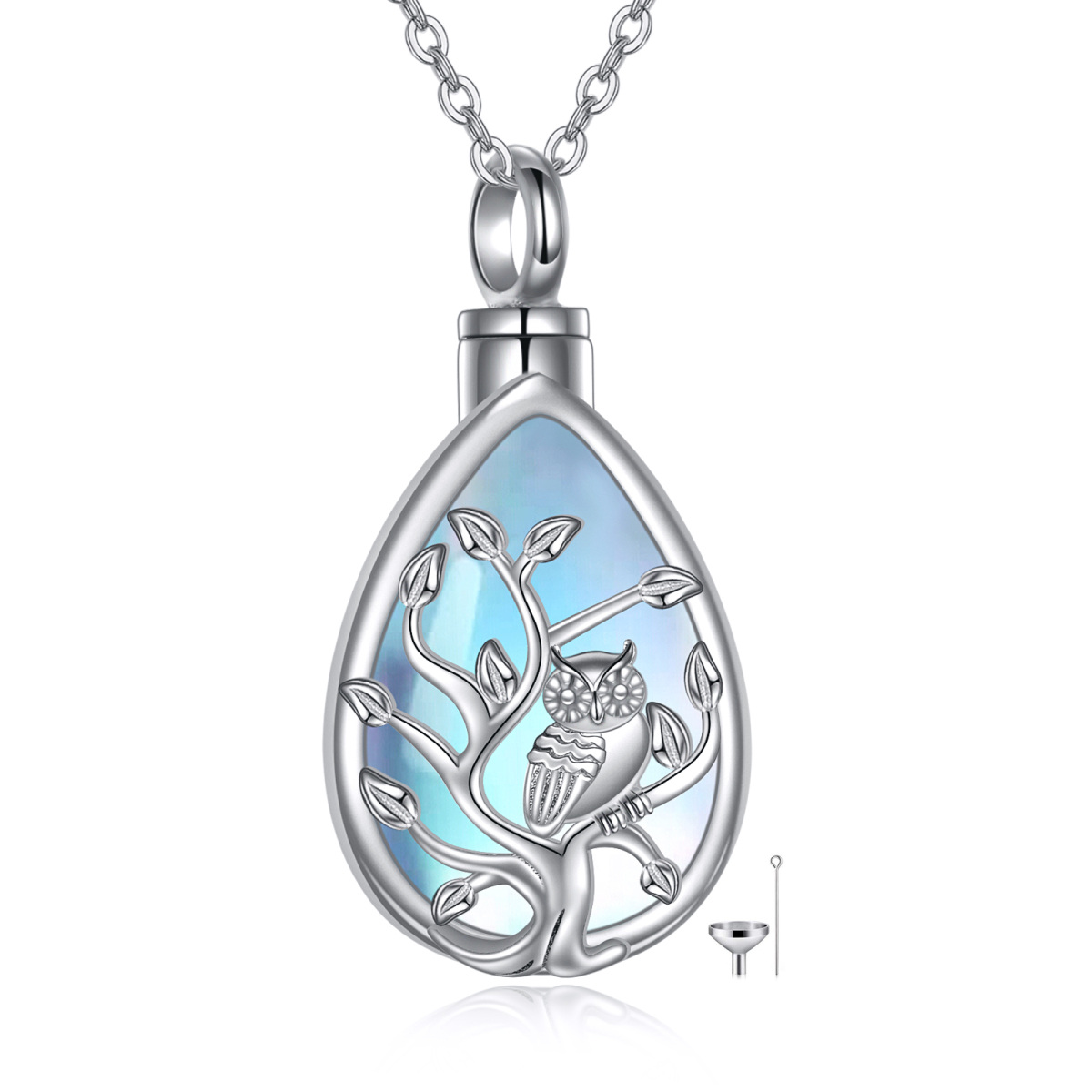 Sterling Silver Moonstone Owl & Tree Of Life & Drop Shape Urn Necklace for Ashes with Engraved Word-1