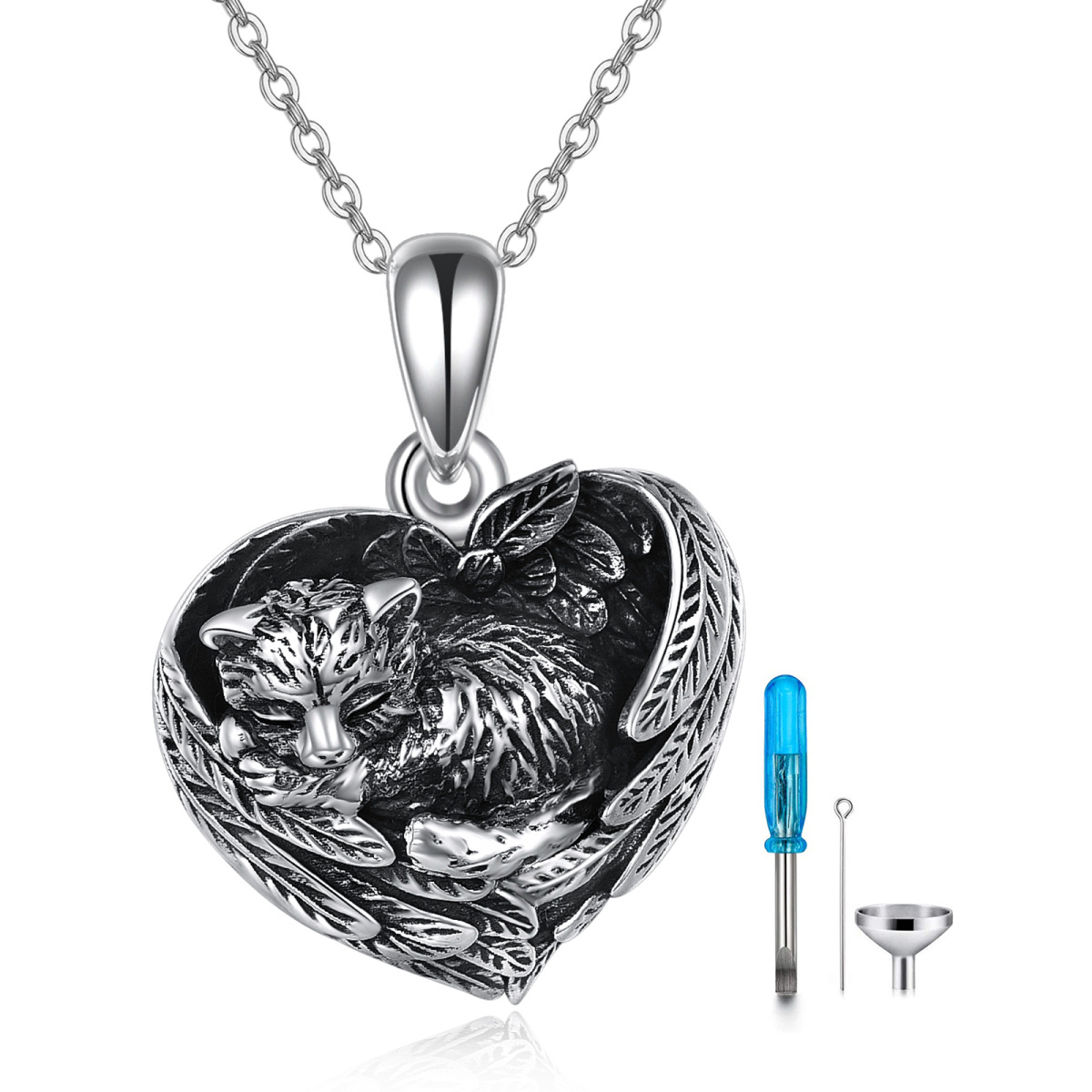 Sterling Silver Cat & Heart Urn Necklace for Ashes-1