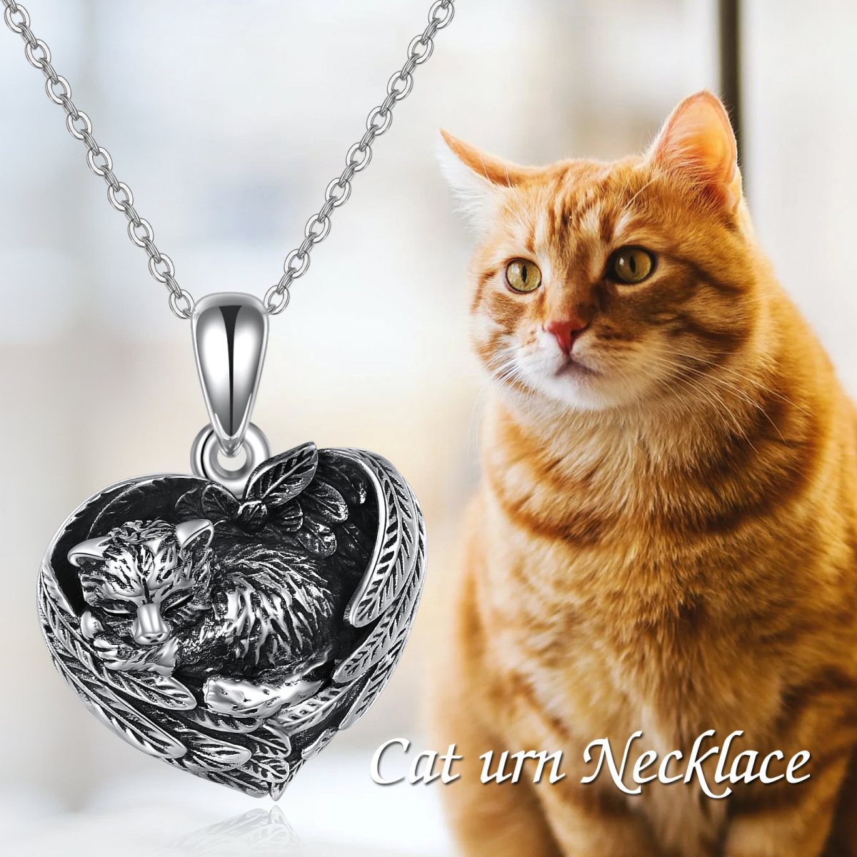 Sterling Silver Cat & Heart Urn Necklace for Ashes-6