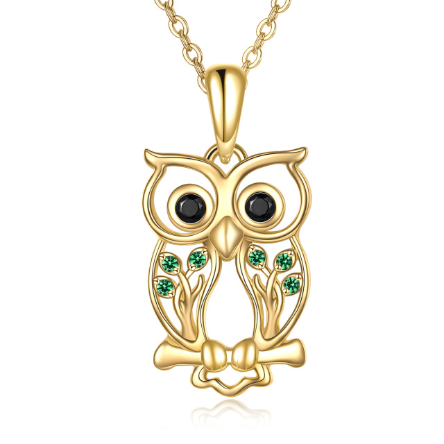 14K Gold Green Cubic Zirconia Owl & Tree Of Life Pendant Necklace-0