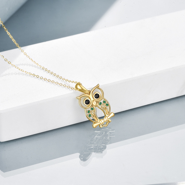 14K Gold Green Cubic Zirconia Owl & Tree Of Life Pendant Necklace-3