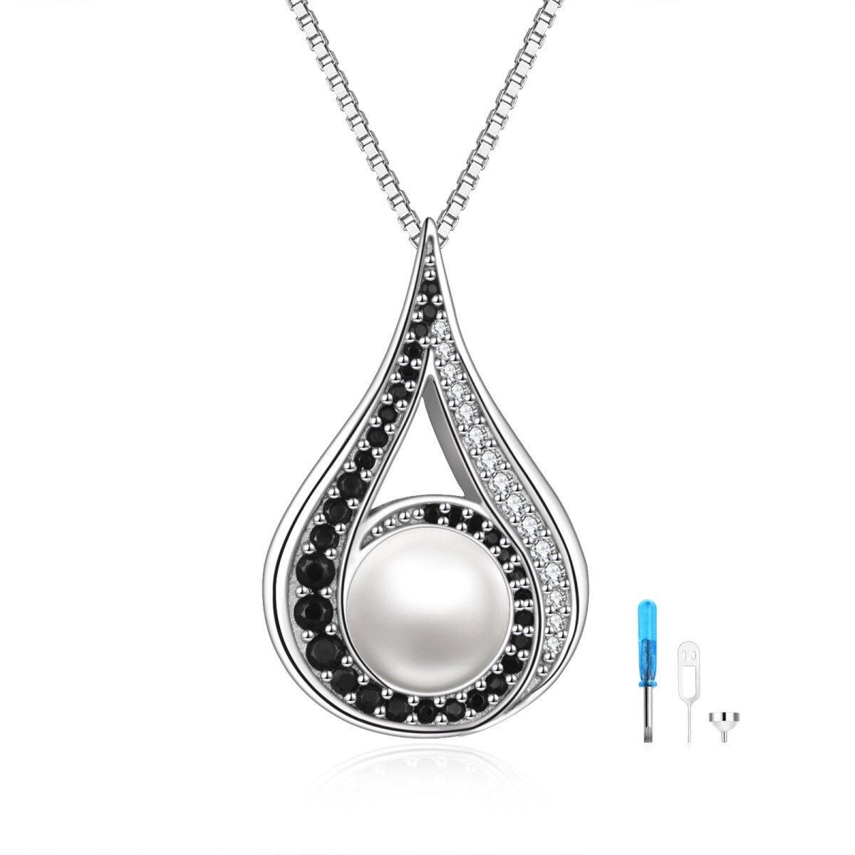 Collar de plata de ley en forma de urna con gota de perla circular-1