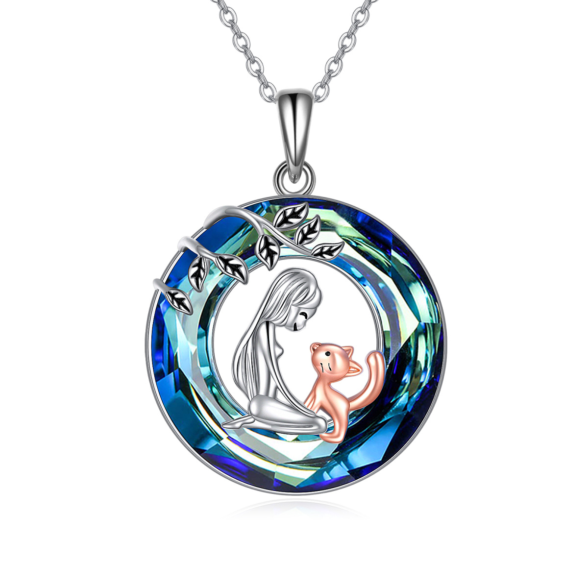 Sterling Silver Two-tone Circular Shaped Cat Crystal Pendant Necklace-1
