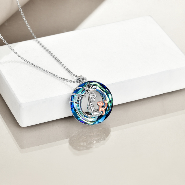Sterling Silver Two-tone Circular Shaped Cat Crystal Pendant Necklace-3