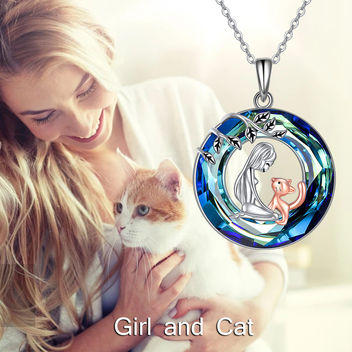 Sterling Silver Two-tone Circular Shaped Cat Crystal Pendant Necklace-5