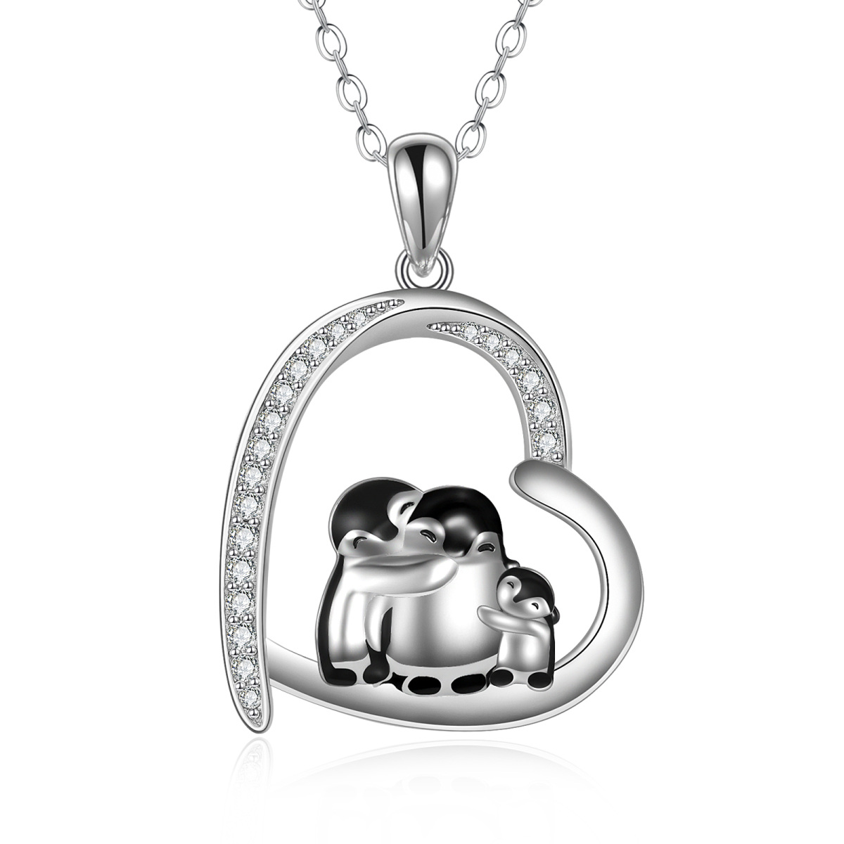 Sterling Silver Cubic Zirconia Penguin Family Heart Pendant Necklace-1