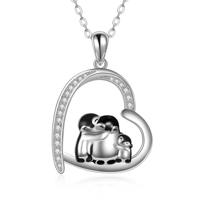 Sterling Silver Cubic Zirconia Penguin Family Heart Pendant Necklace-0