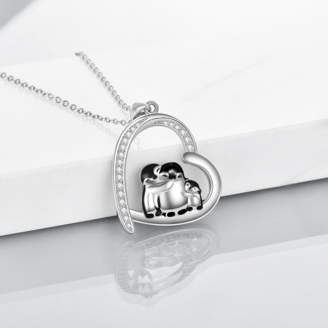 Sterling Silver Cubic Zirconia Penguin Family Heart Pendant Necklace-4