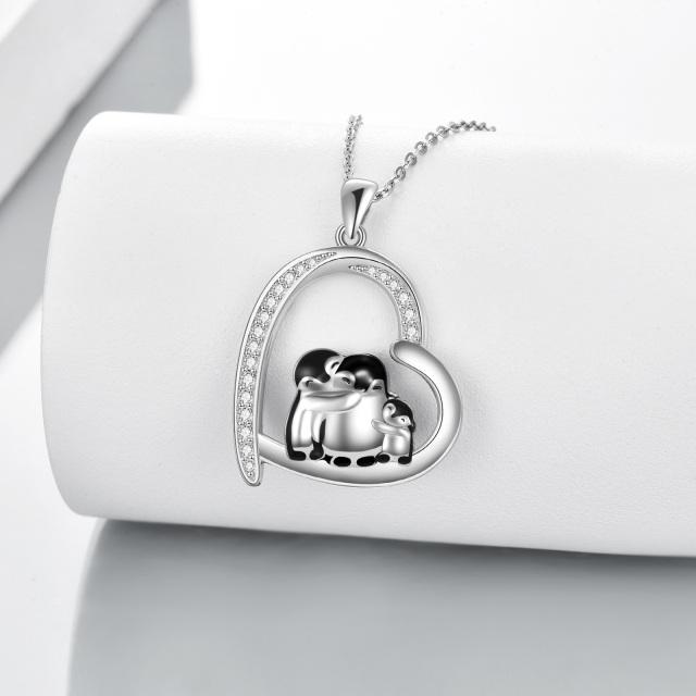Sterling Silver Cubic Zirconia Penguin Family Heart Pendant Necklace-3