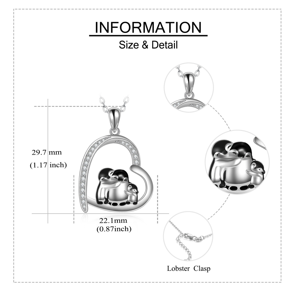 Collar Colgante Corazón Familia Pingüino de Plata de Ley y Circonita Cúbica-6