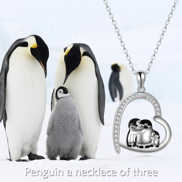 Colar de prata esterlina com zircónio cúbico e pingente de coração da família do pinguim-1
