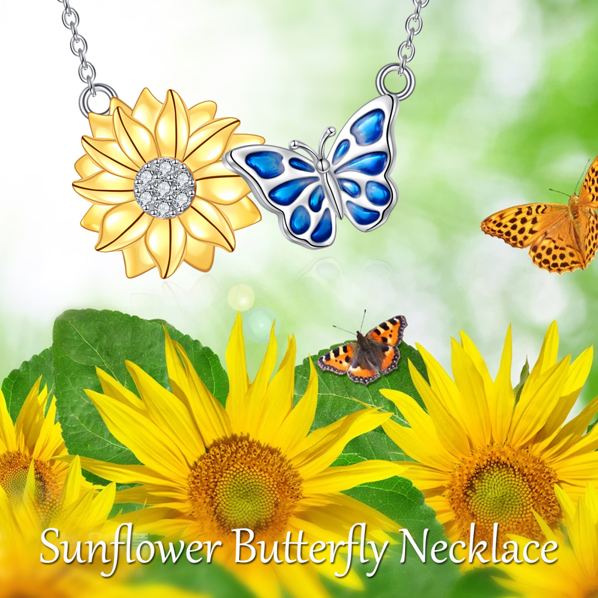 Sterling Silber Cubic Zirkonia Schmetterling & Sonnenblume Anhänger Halskette-6