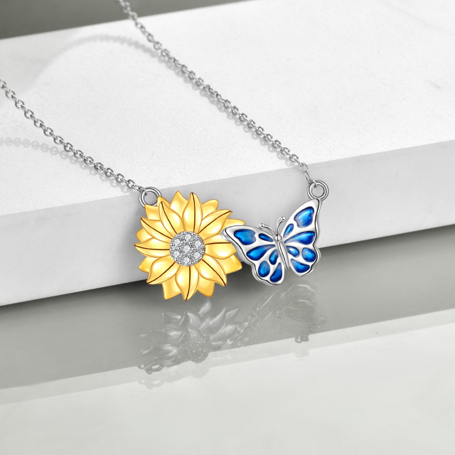 Sterling Silver Cubic Zirconia Butterfly & Sunflower Pendant Necklace-3