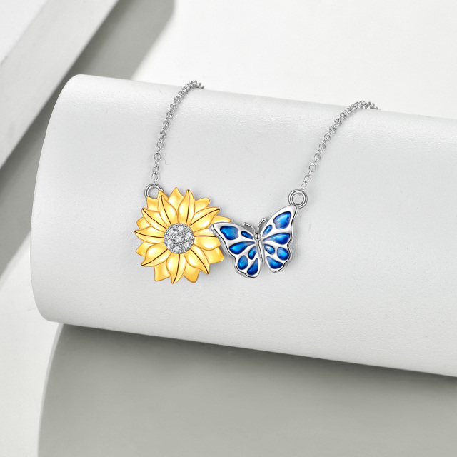 Sterling Silver Cubic Zirconia Butterfly & Sunflower Pendant Necklace-2