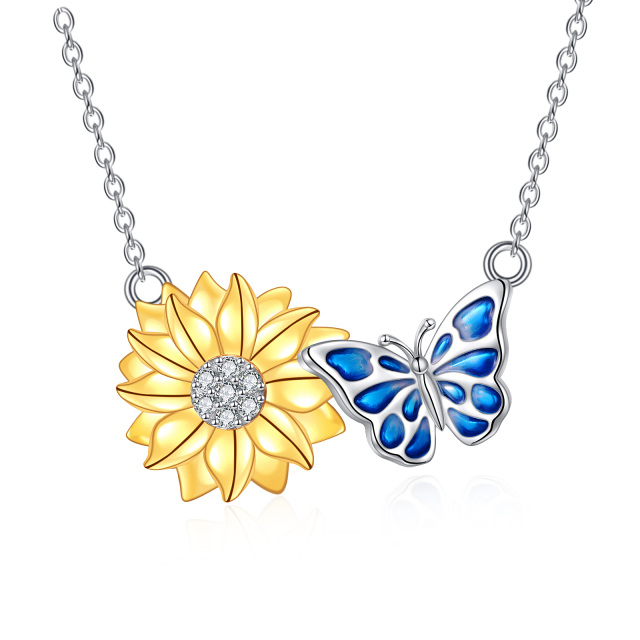 Sterling Silver Cubic Zirconia Butterfly & Sunflower Pendant Necklace-0