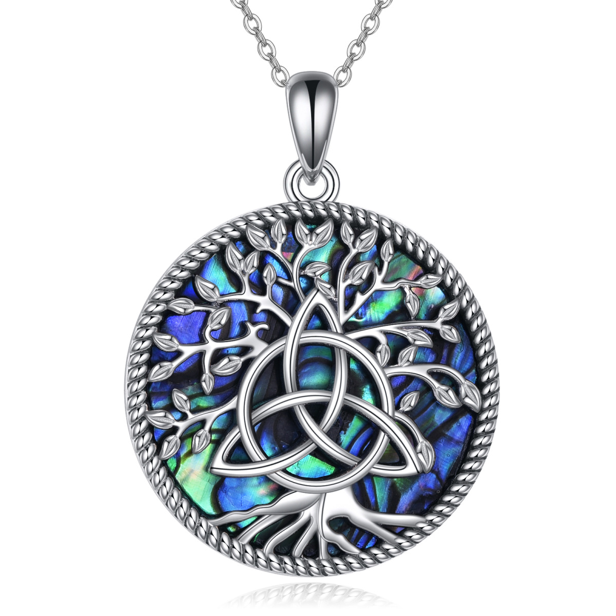 Sterling Silver Abalone Shellfish Tree Of Life & Triforce Knot Pendant Necklace-1