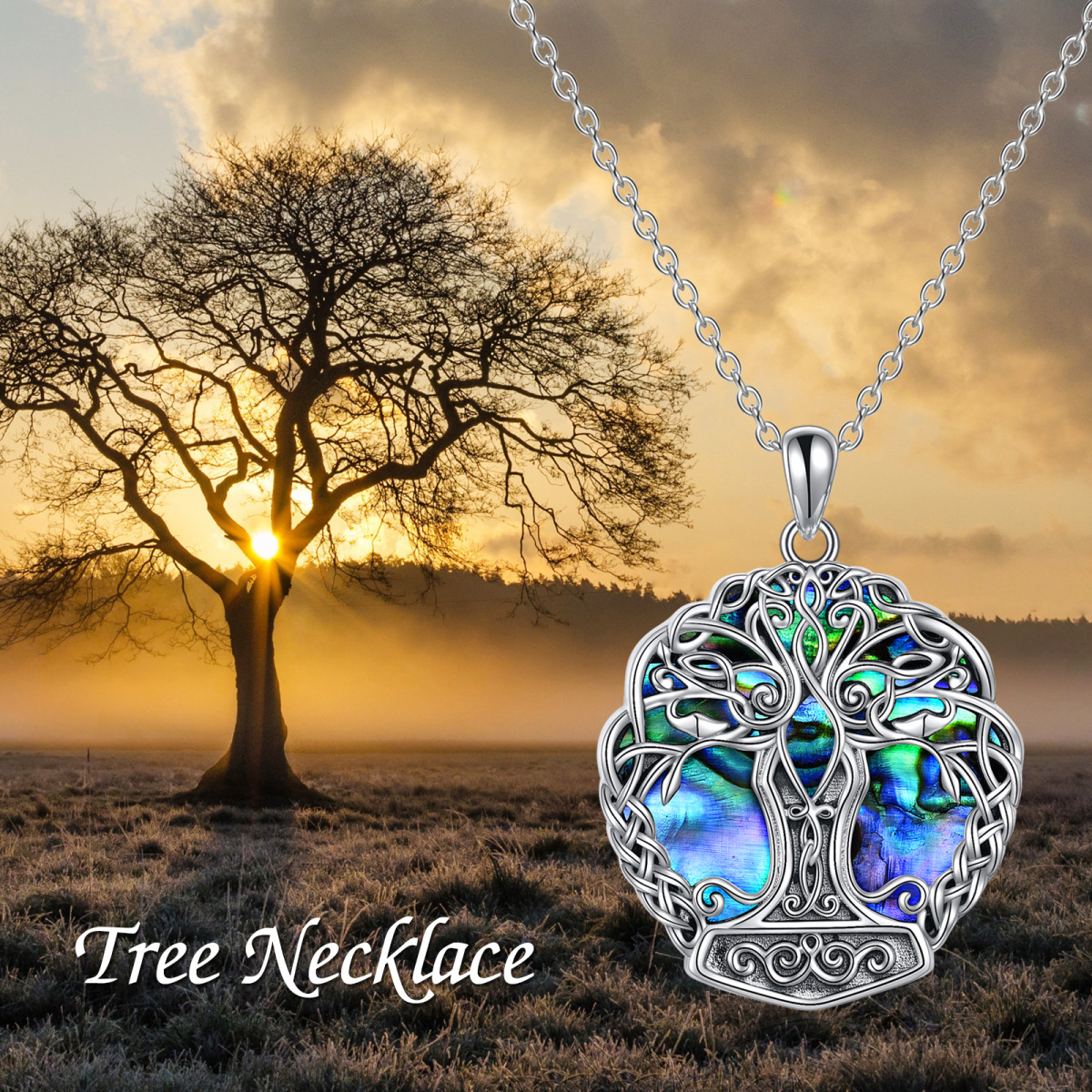 Sterling Silver Circular Shaped Abalone Shellfish Tree Of Life & Celtic Knot Pendant Necklace-6