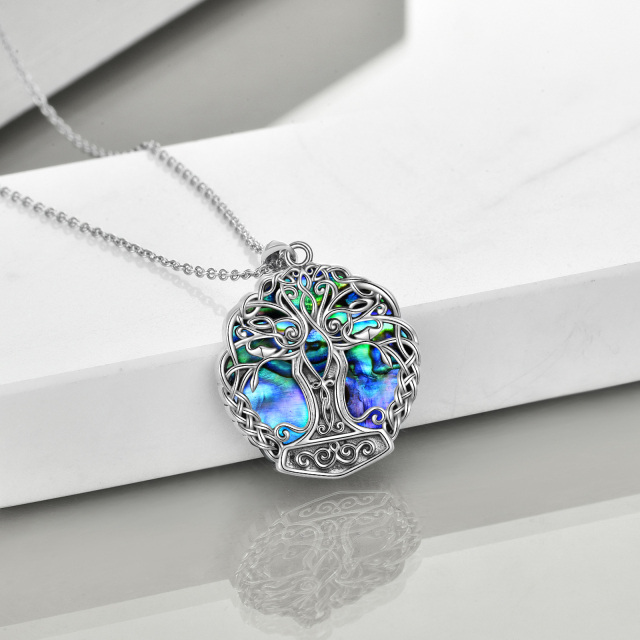 Sterling Silver Circular Shaped Abalone Shellfish Tree Of Life & Celtic Knot Pendant Necklace-3