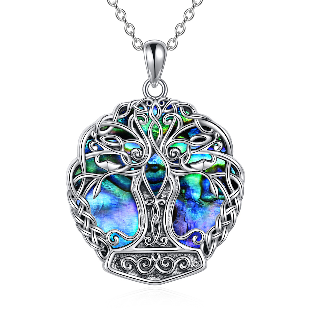 Sterling Silver Circular Shaped Abalone Shellfish Tree Of Life & Celtic Knot Pendant Necklace-1