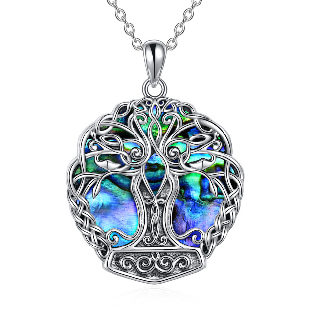 Sterling Silver Circular Shaped Abalone Shellfish Tree Of Life & Celtic Knot Pendant Necklace-5