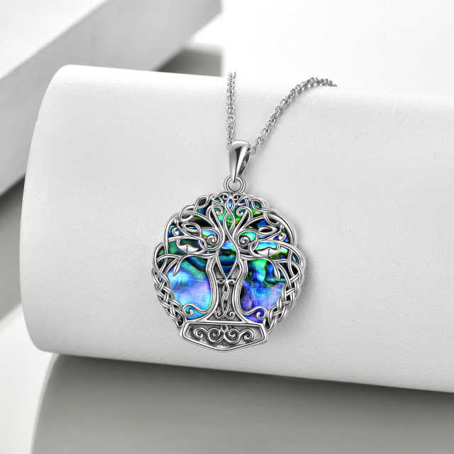 Sterling Silver Circular Shaped Abalone Shellfish Tree Of Life & Celtic Knot Pendant Necklace-2