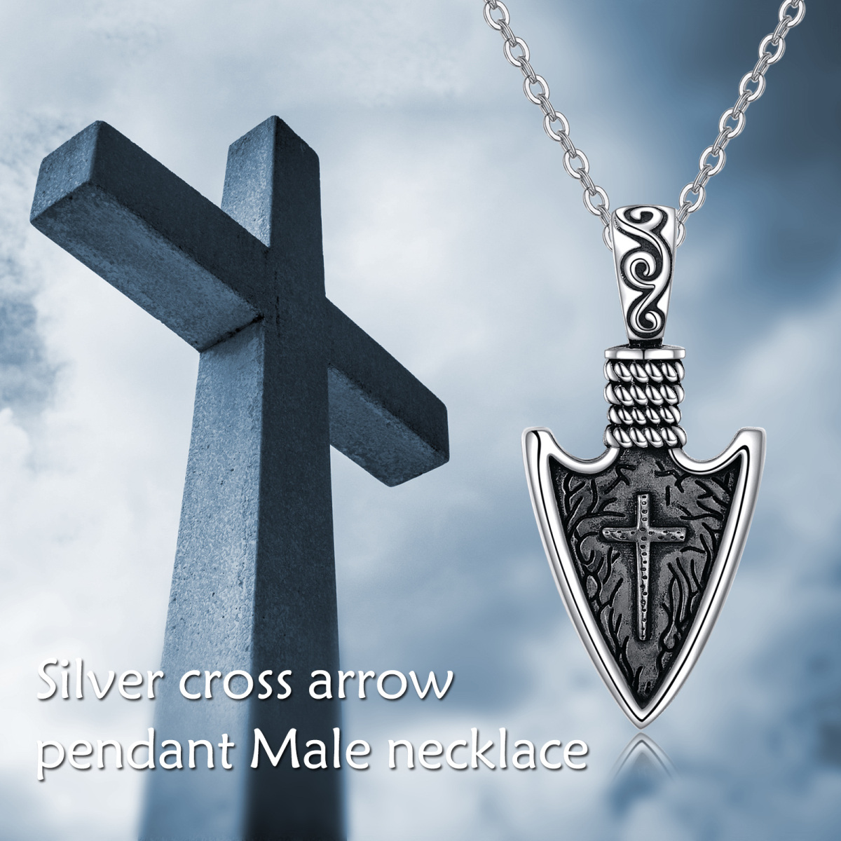 Sterling Silver Cross & Viking Spear Head Pendant Necklace for Men-6