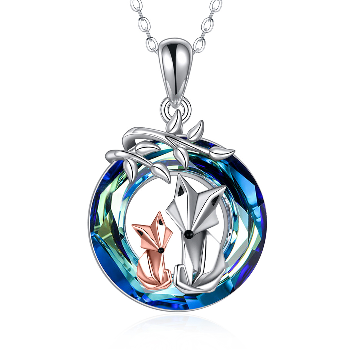 Sterling Silver Two-tone Fox Crystal Pendant Necklace-1