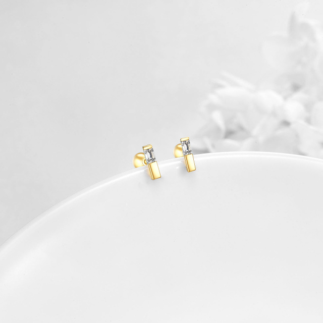 14K Gold Hand-cut Cubic Zircon Bar Stud Earrings with Push Back Minimalist for Women-2
