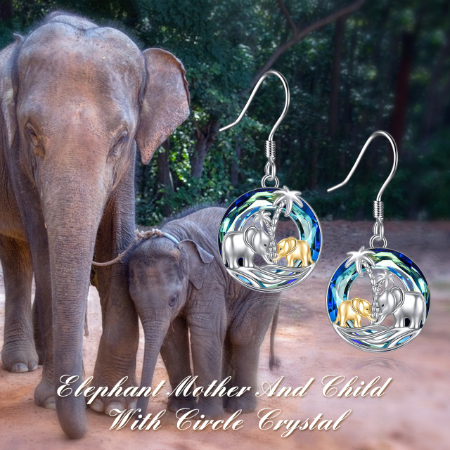 Sterling Silver Two-tone Circular Shaped Crystal Elephant & Coconut Tree Drop Earrings-6